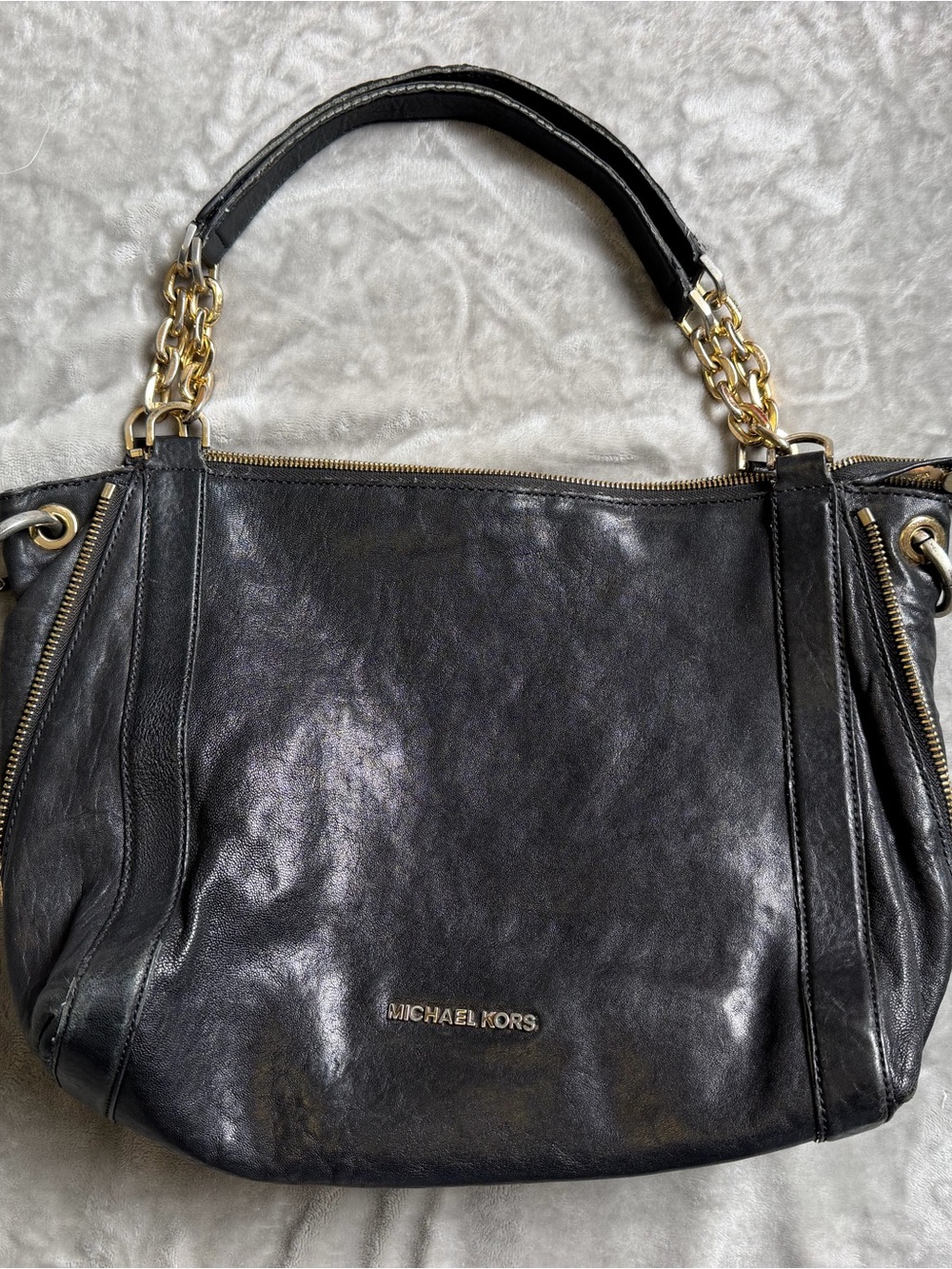 Michael Kors Black Leather Shoulder Bag with Gold Hardware